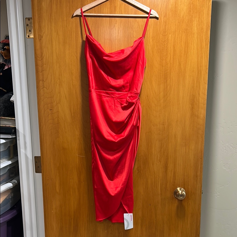 NWT- Red Asymmetrical Ruched Midi Slip Dress